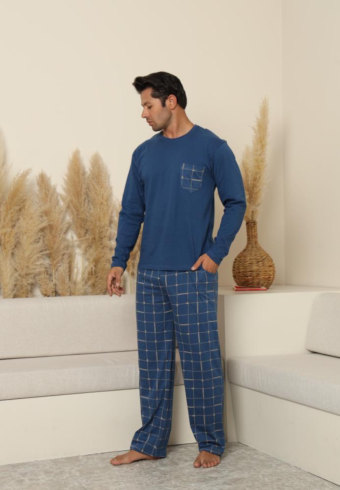 Pijama Barbati ,Maneca si Pantaloni Lungi, Culoare Albastru cu Crem,Engros